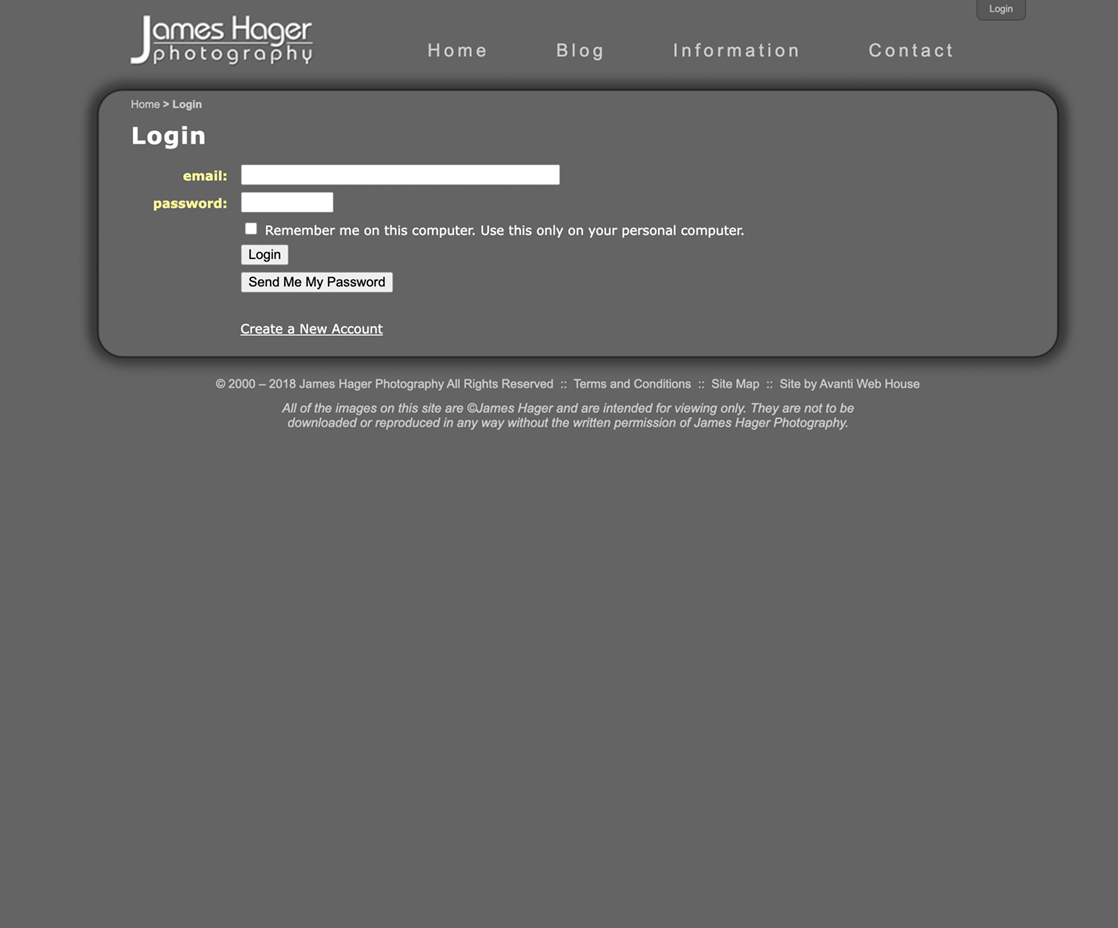James Hager Photography login page